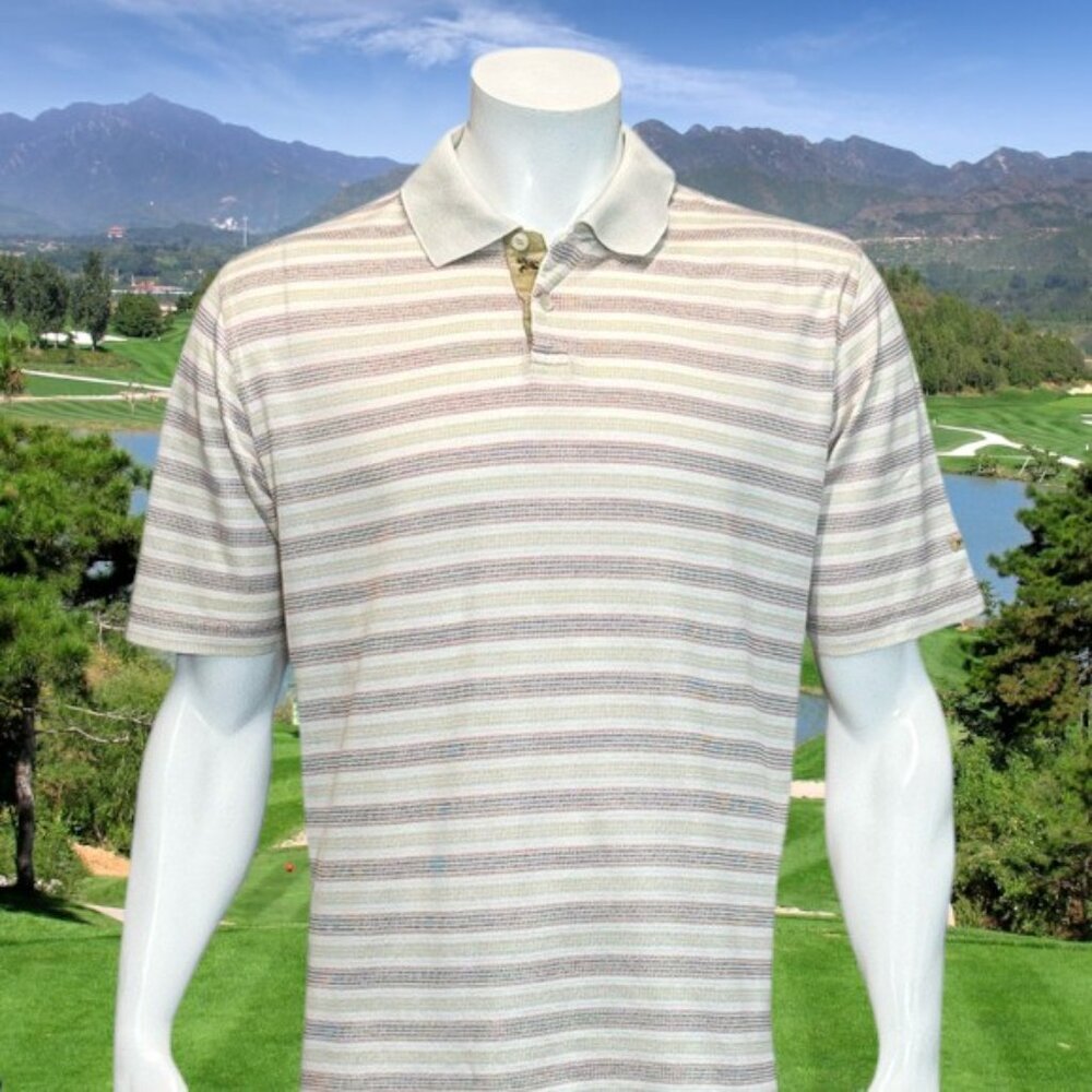 Vintage Burberry Golf Beige Blue Red Stripe Men's Polo Shirt Made in Italy Large